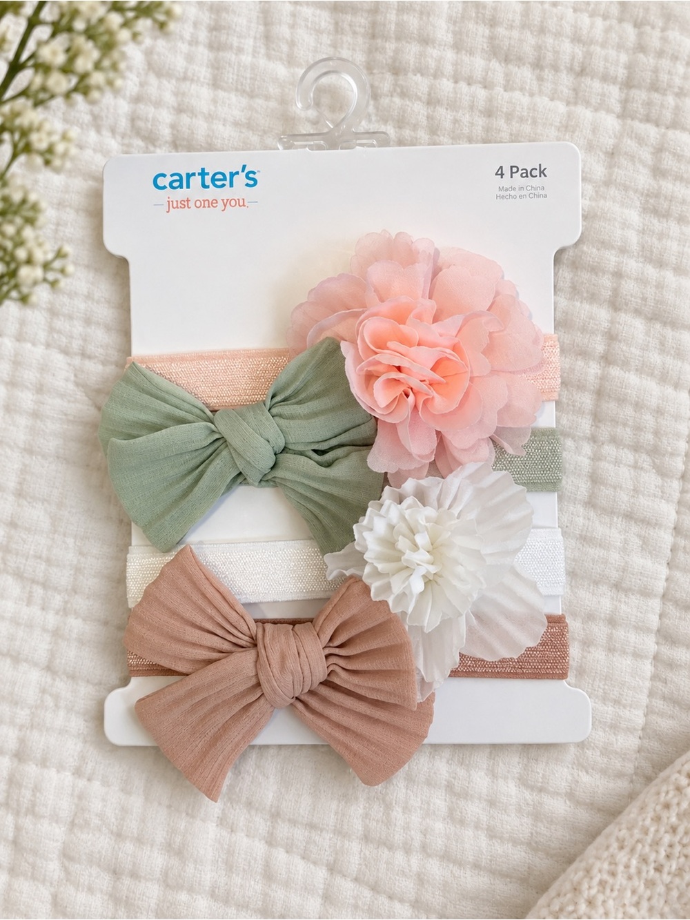 Carter's 4-Pack Girls Floral & Bow Headbands - Peach, Sage, White, Taupe